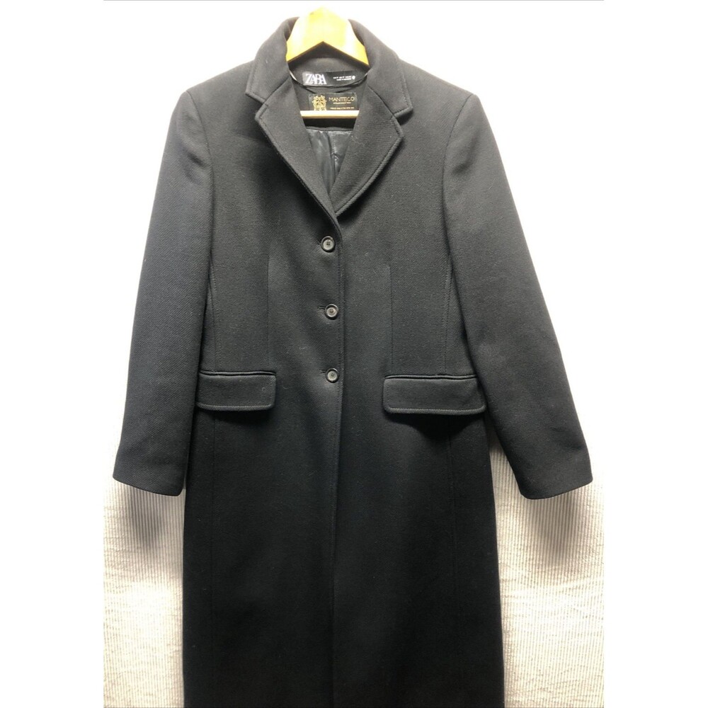 Zara Manteco Wool Blend Coat Womens M Black Full Length Trench Old Money